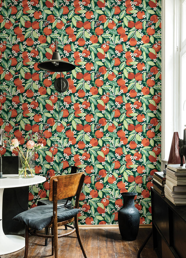 Orange Grove Juniper Peel & Stick Wallpaper with Botanical Fruit Motif - PFS4816