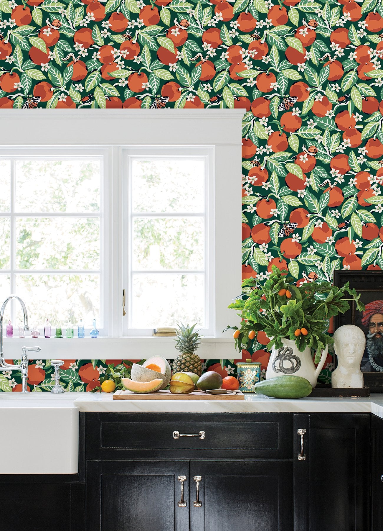 Orange Grove Juniper Peel & Stick Wallpaper with Botanical Fruit Motif - PFS4816
