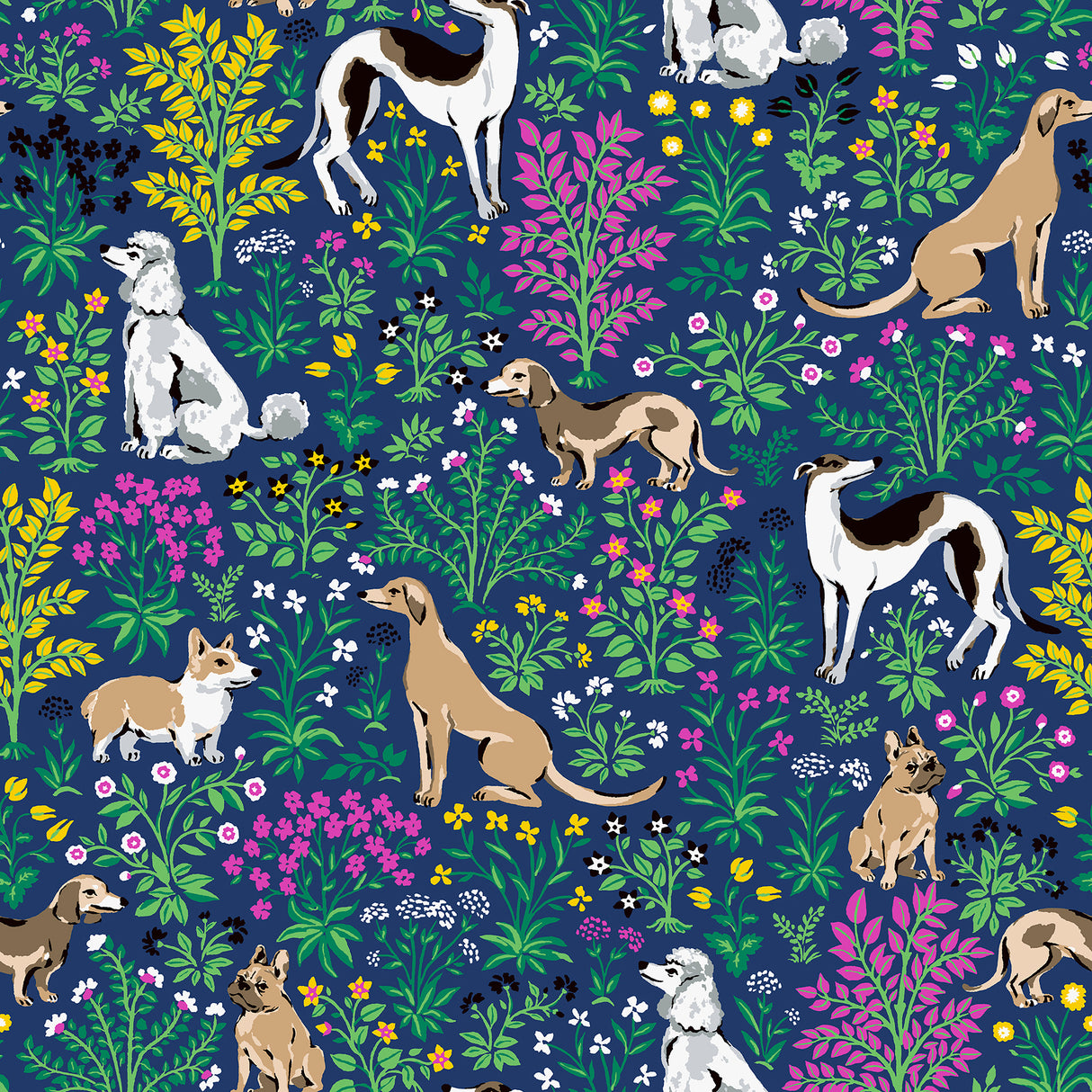 Must Love Dogs Indigo Peel and Stick Wallpaper by PrintFresh x NuWallpaper featuring playful dogs among vibrant botanical florals on a deep indigo background