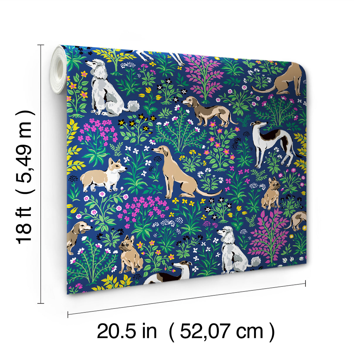 Must Love Dogs Indigo by PrintFresh x NuWallpaper Whimsical Pup and Botanical Garden Peel and Stick Wallpaper Modern Novelty - PFS6378