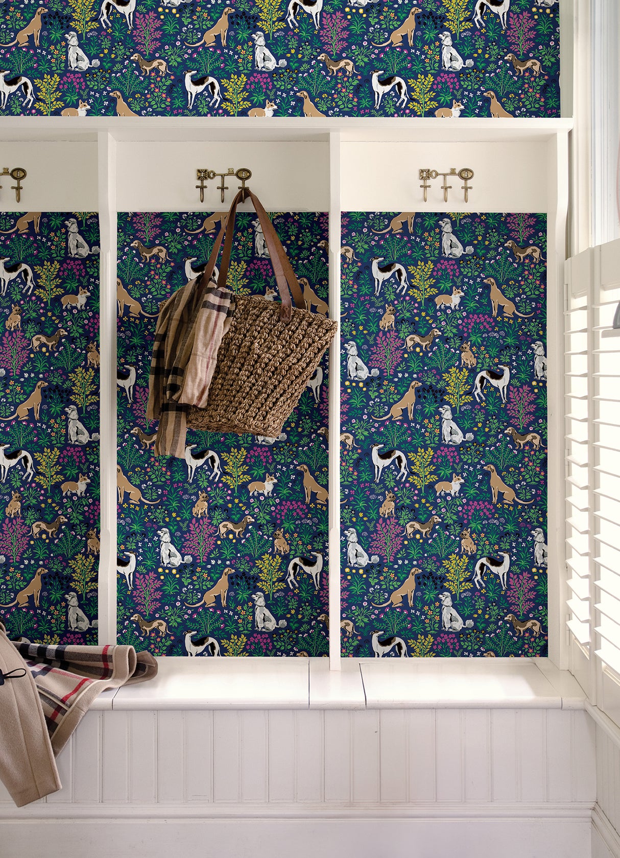 Must Love Dogs Indigo by PrintFresh x NuWallpaper Whimsical Pup and Botanical Garden Peel and Stick Wallpaper Modern Novelty - PFS6378