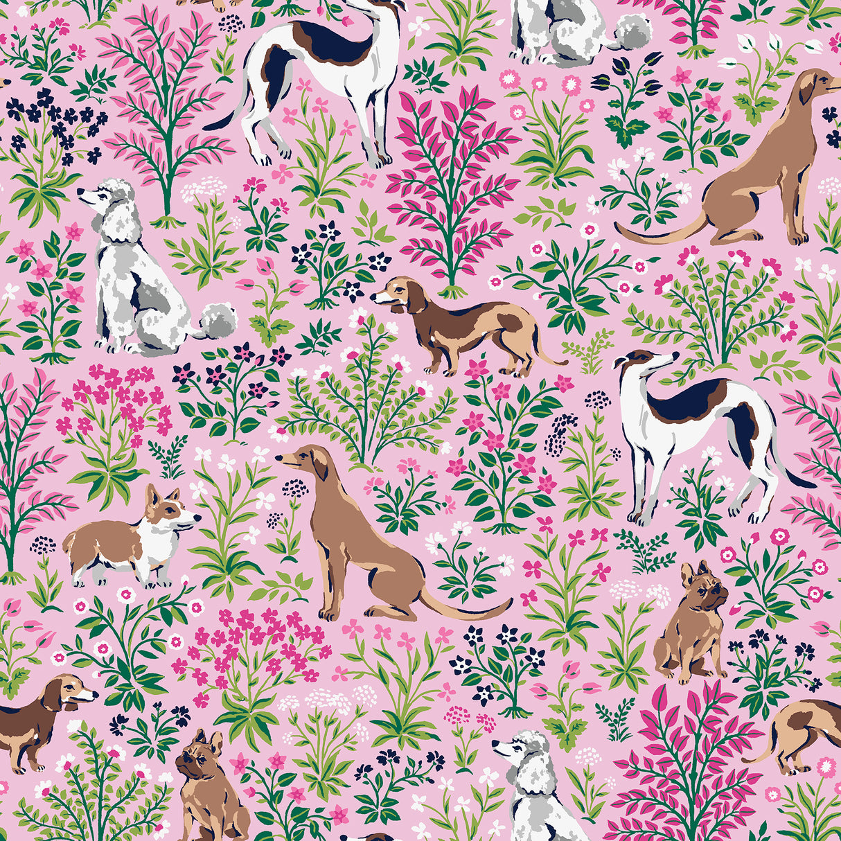 Must Love Dogs Pink Peel and Stick Wallpaper by NuWallpaper x PrintFresh - Playful dogs and florals on a pink background