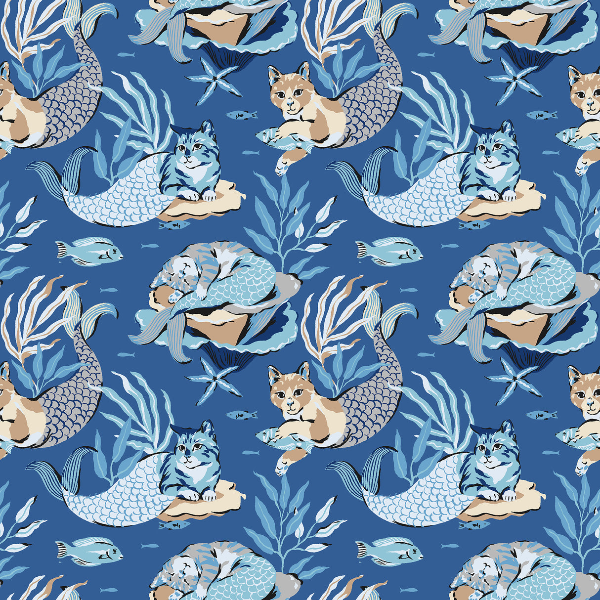 Meowing Mermaids Blue Peel and Stick Wallpaper by NuWallpaper x PrintFresh - PFS6393