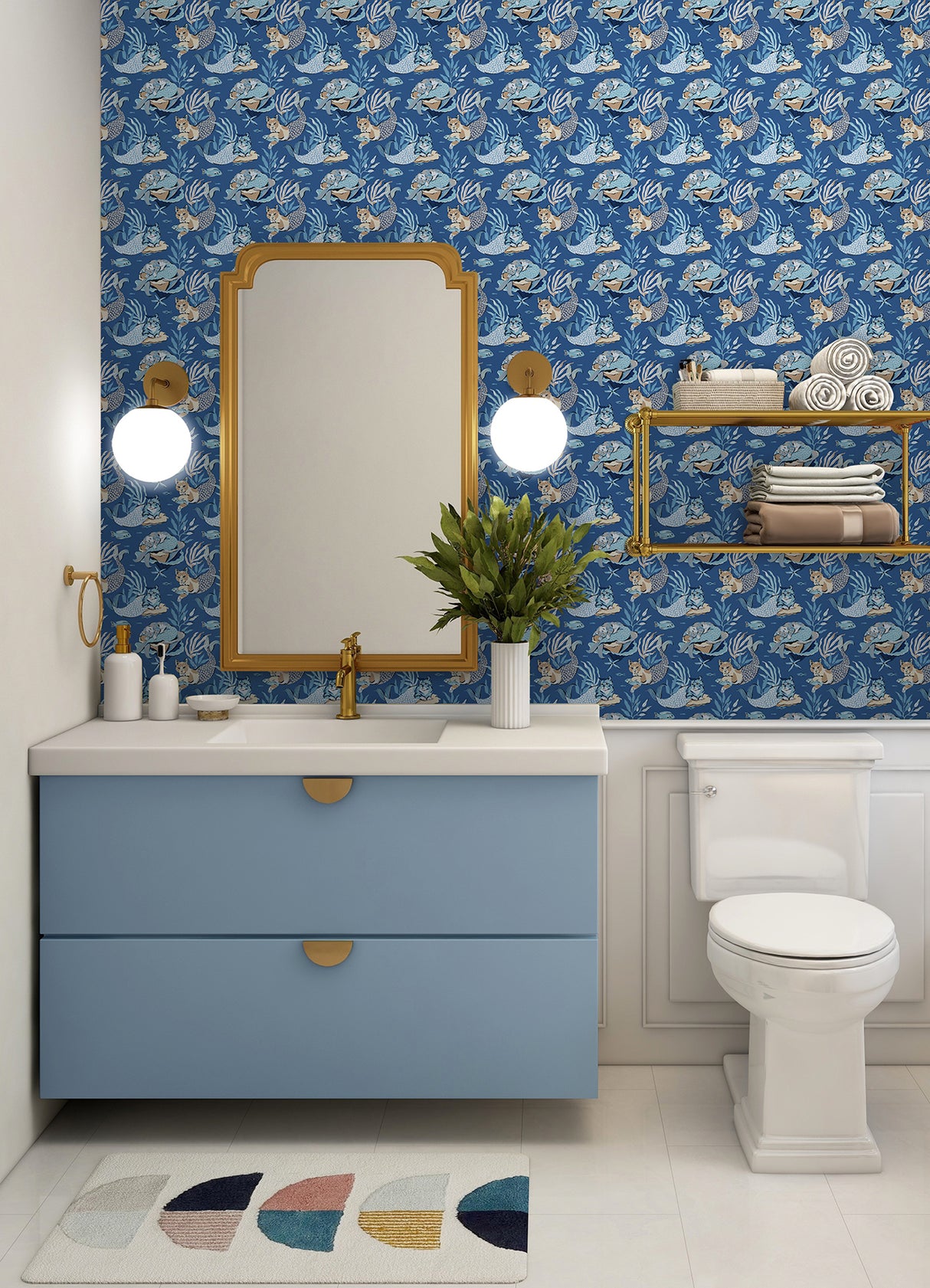 Meowing Mermaids Blue by NuWallpaper x PrintFresh Whimsical Cat Mermaid Peel and Stick Wallpaper Roll 20.5 In Wide by 18 Ft Long - PFS6393