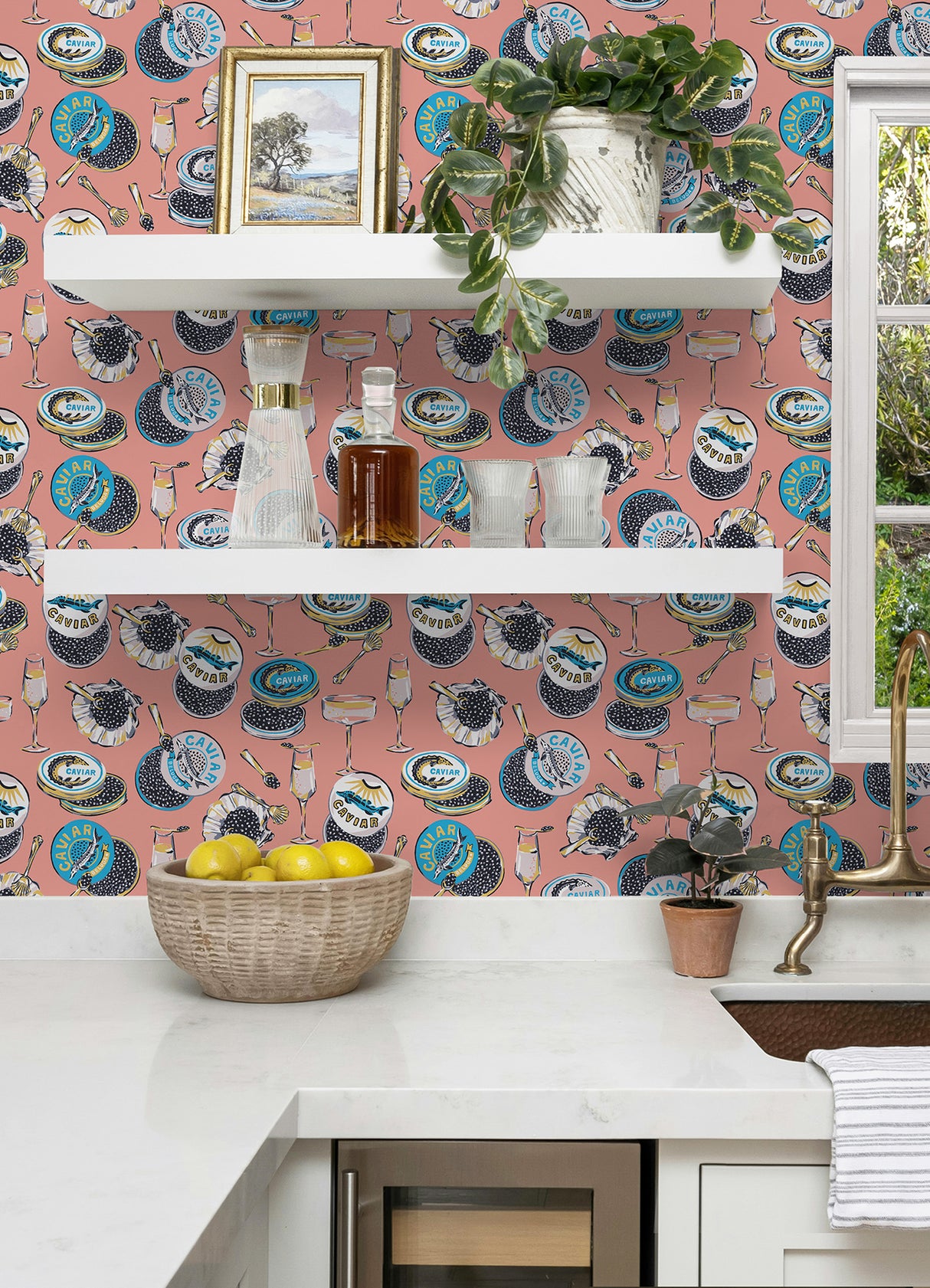 Champagne and Caviar Salmon Peel and Stick Wallpaper Eclectic Whimsical Novelty Food and Drink Pattern WallPops by NuWallpaper - PFS6558