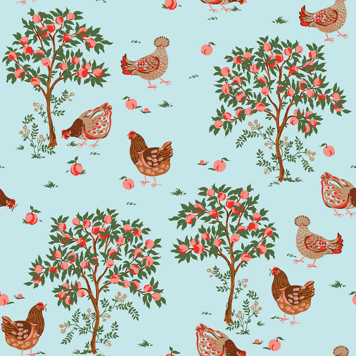 Hen House Aqua Peel and Stick Wallpaper by NuWallpaper featuring illustrated hens and fruit trees on a soft aqua background