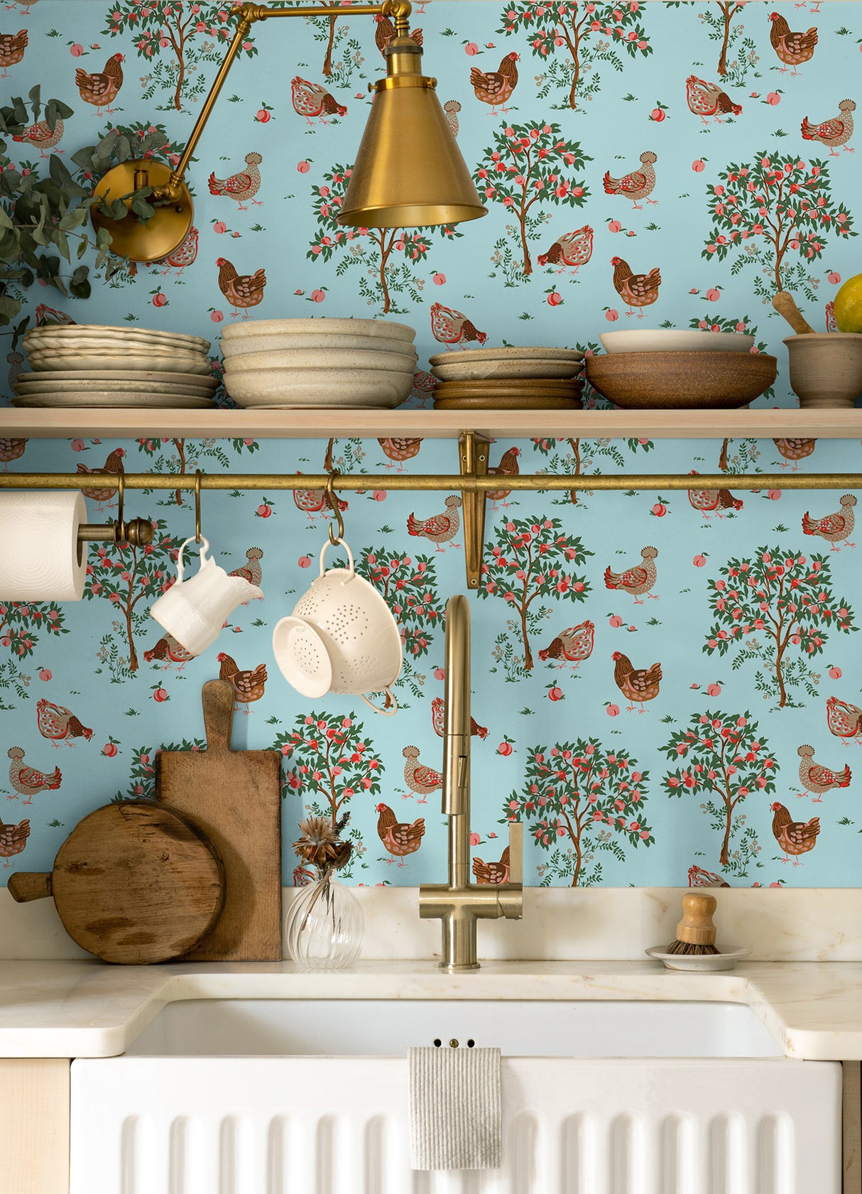 Hen House Aqua by NuWallpaper PrintFresh Eclectic Countryside Pastoral Hens Amongst Fruit Trees Peel and Stick Wallpaper - NuWallpaper PFS6562