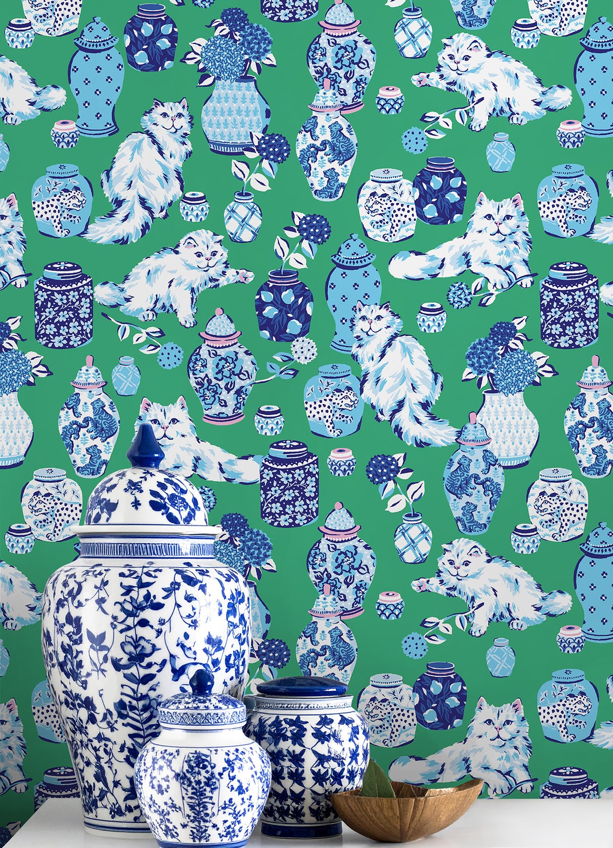 Fancy Cats Green by NuWallpaper Eclectic Playful Feline Blue and White Pottery Animal Novelty Peel and Stick Wallpaper WallPops - PFS6563