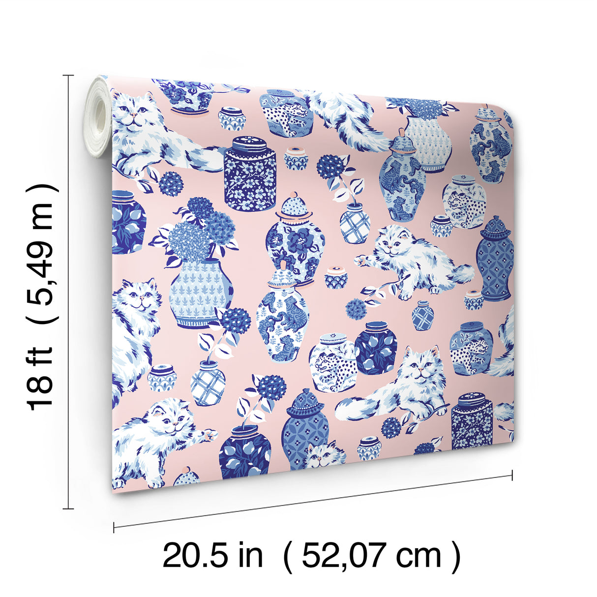 Fancy Cats Pink by NuWallpaper PrintFresh Eclectic Blue and White Fluffy Cat and Ginger Jar Peel and Stick Wallpaper - PFS6564