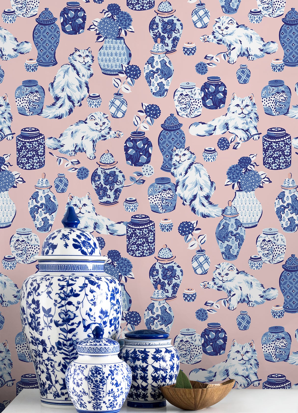 Fancy Cats Pink by NuWallpaper PrintFresh Eclectic Blue and White Fluffy Cat and Ginger Jar Peel and Stick Wallpaper - PFS6564
