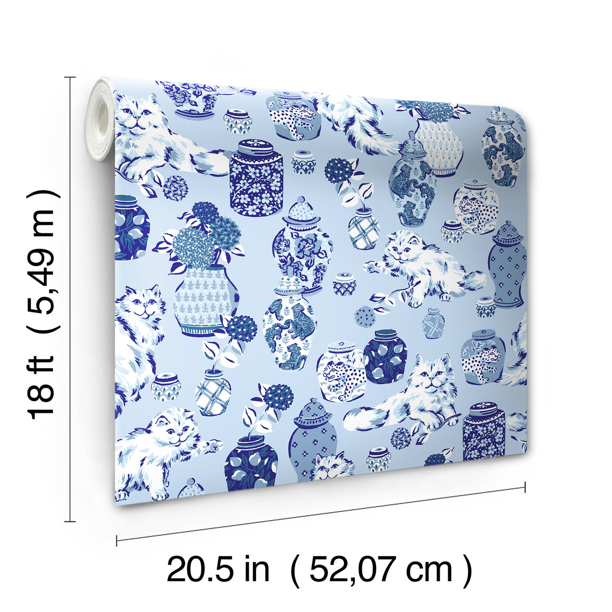 PrintFresh Fancy Cats Blue Peel and Stick Wallpaper by NuWallpaper Eclectic Whimsical Cat and Blue White Pottery Ginger Jar Design - PFS6565