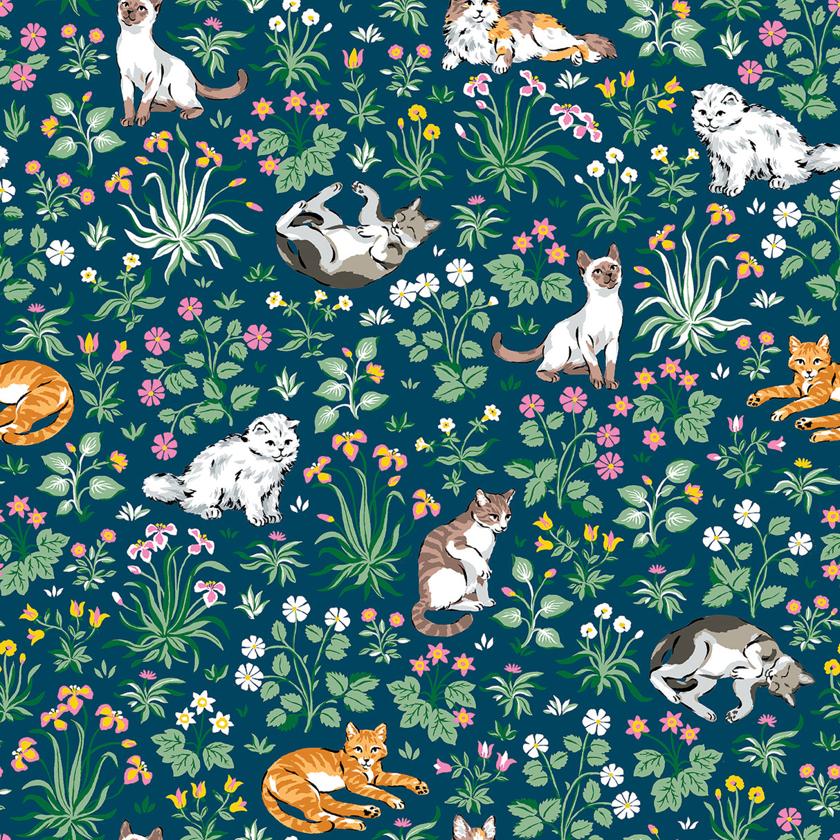 Must Love Cats Indigo Peel and Stick Wallpaper by NuWallpaper featuring whimsical illustrated cats among colorful botanical florals on a deep indigo background