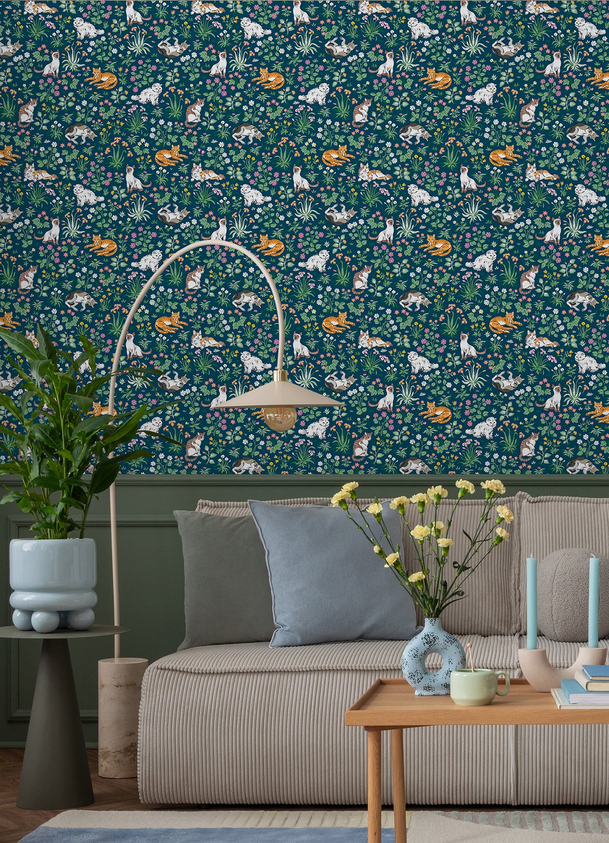 Must Love Cats Indigo by NuWallpaper PrintFresh Whimsical Illustrated Cats and Colorful Botanical Garden Peel and Stick Wallpaper - PFS6566