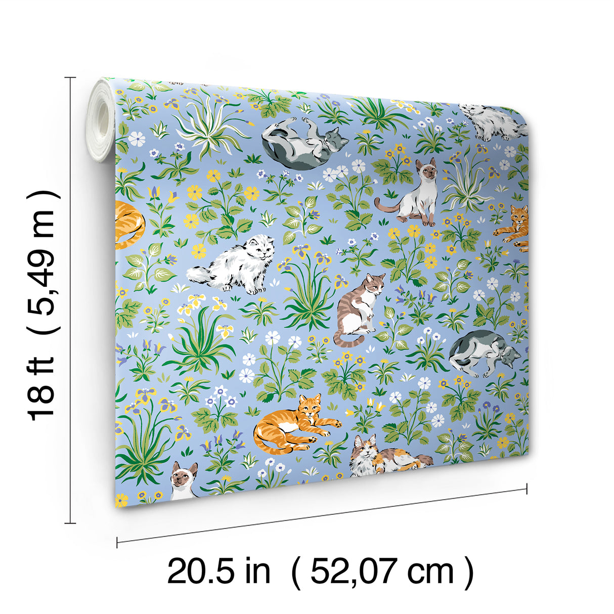 Must Love Cats Blue by NuWallpaper Whimsical Illustrated Felines with Colorful Botanical Garden Scenes Peel and Stick Wallpaper - PFS6567