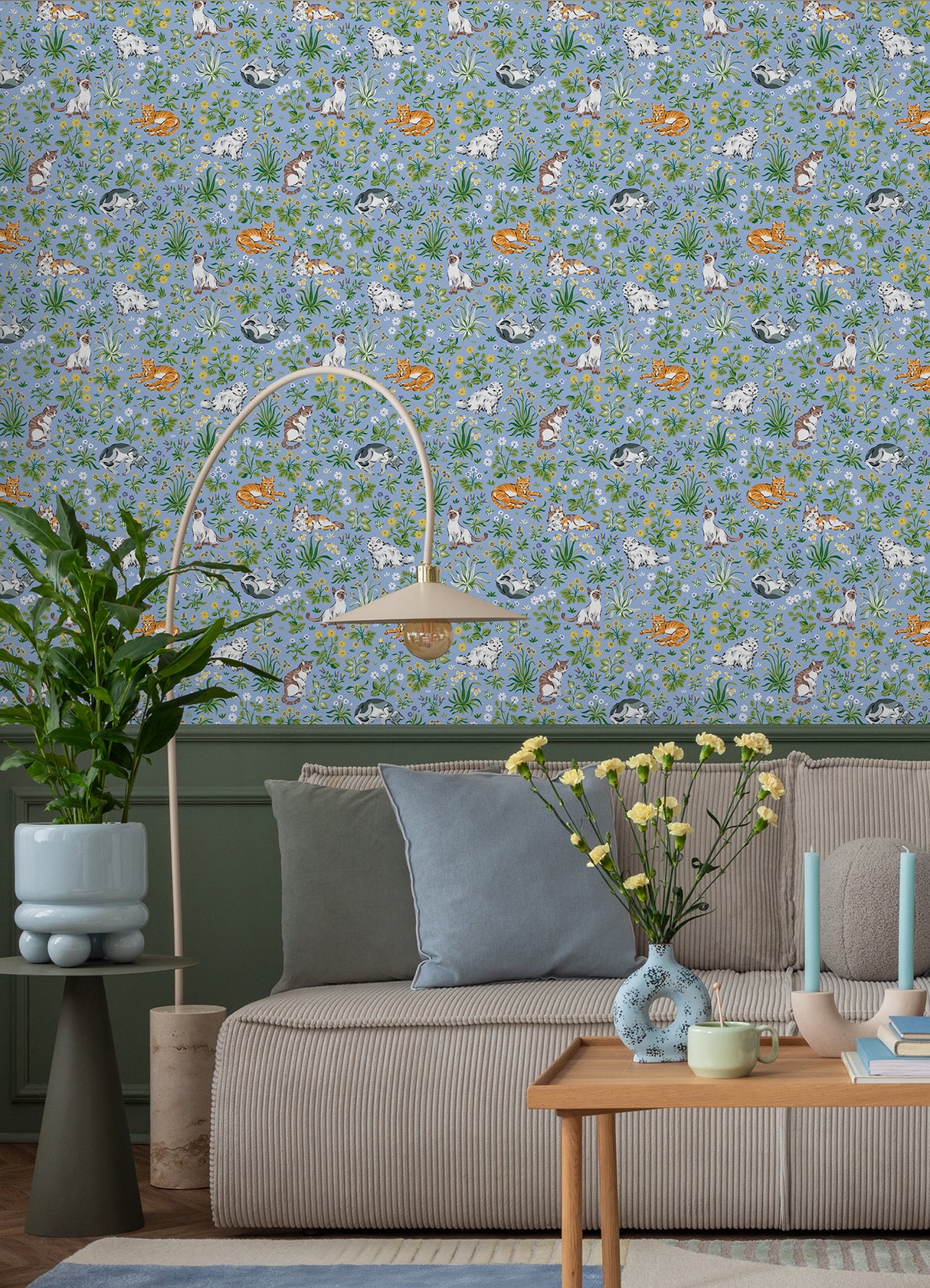 Must Love Cats Blue by NuWallpaper Whimsical Illustrated Felines with Colorful Botanical Garden Scenes Peel and Stick Wallpaper - PFS6567