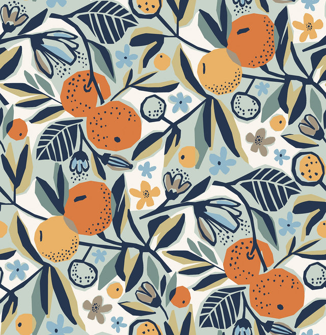 Clementine Garden Navy Peel & Stick Wallpaper with Retro Fruit Motif - Brewster PLS4199