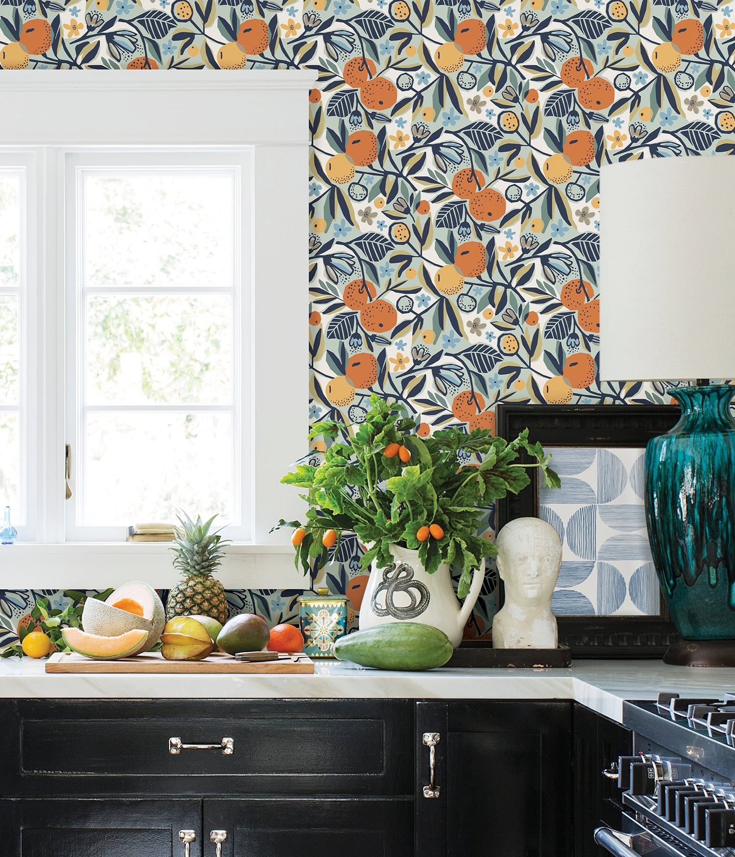 Clementine Garden Navy Peel & Stick Wallpaper with Retro Fruit Motif - Brewster PLS4199