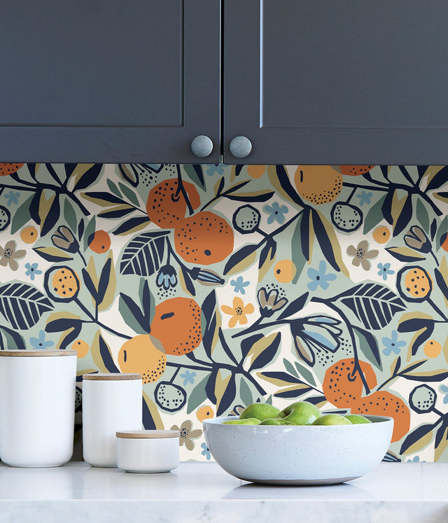 Clementine Garden Navy Peel & Stick Wallpaper with Retro Fruit Motif - Brewster PLS4199