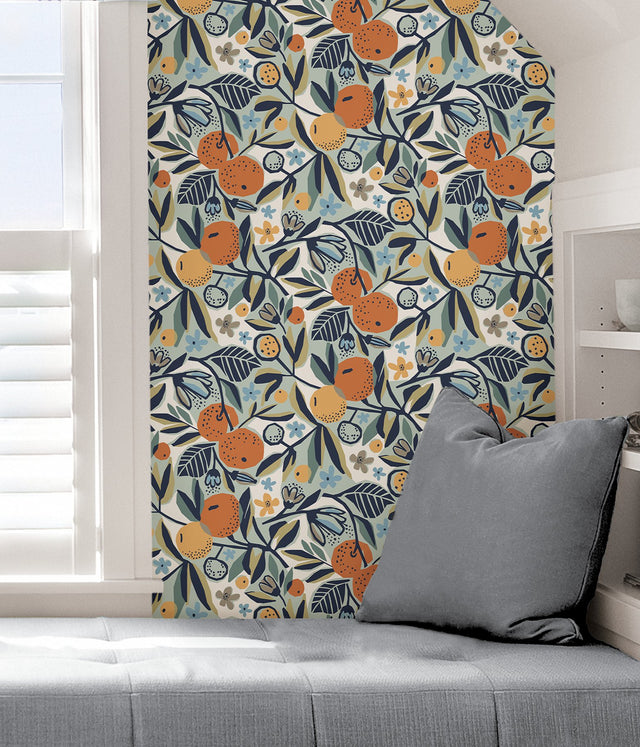 Clementine Garden Navy Peel & Stick Wallpaper with Retro Fruit Motif - Brewster PLS4199