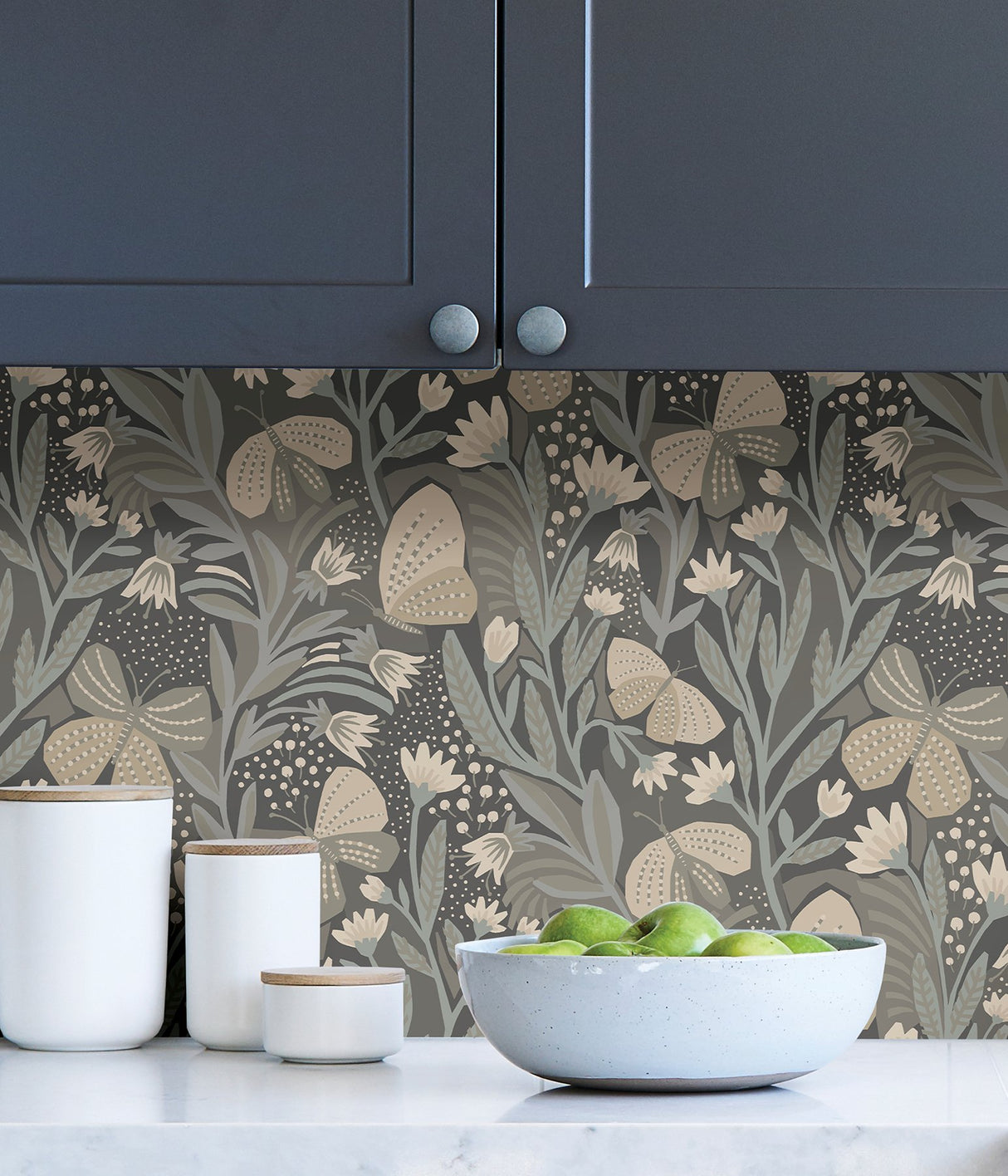 Papillion Flutter Blue Grey Peel & Stick Wallpaper with Whimsical Botanical Butterfly Pattern - NuWallpaper PLS4203
