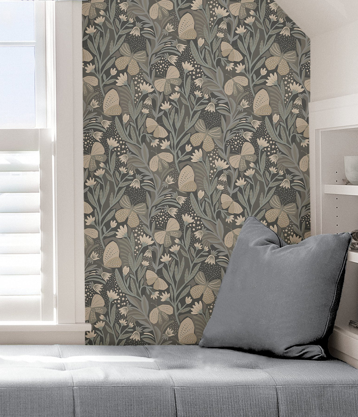 Papillion Flutter Blue Grey Peel & Stick Wallpaper with Whimsical Botanical Butterfly Pattern - NuWallpaper PLS4203