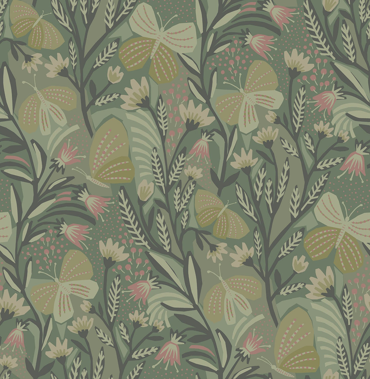 Papillon Flutter Sage Peel & Stick Wallpaper with Whimsical Botanical Leaves Pattern - PLS4204