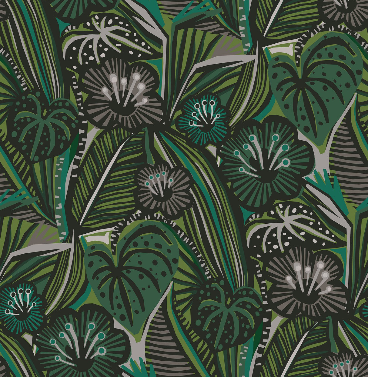 LotusLand Greens Peel & Stick Wallpaper with Eclectic Botanical Leaves Pattern - PLS4205