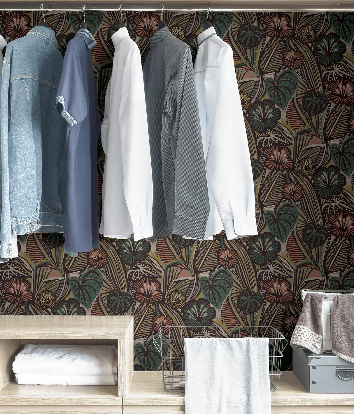 LotusLand Coral Teal Peel & Stick Wallpaper with Eclectic Botanical Leaves Pattern - Brewster PLS4206