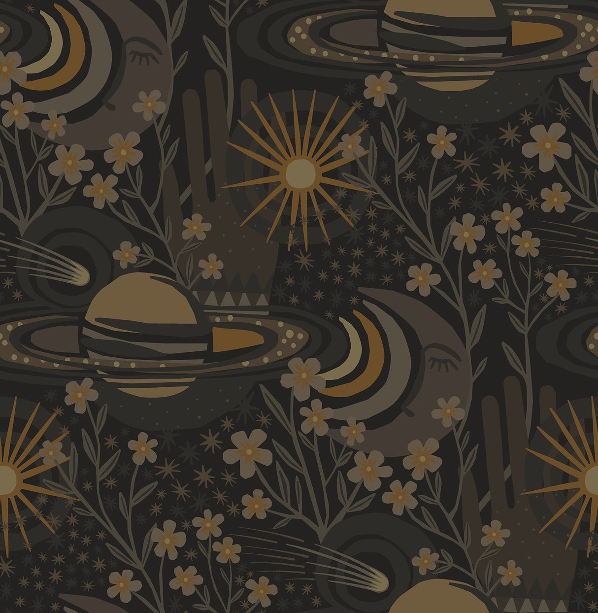Ethereal Cosmos Black Peel & Stick Wallpaper with Bohemian Outer Space Stars Pattern - NuWallpaper PLS4210