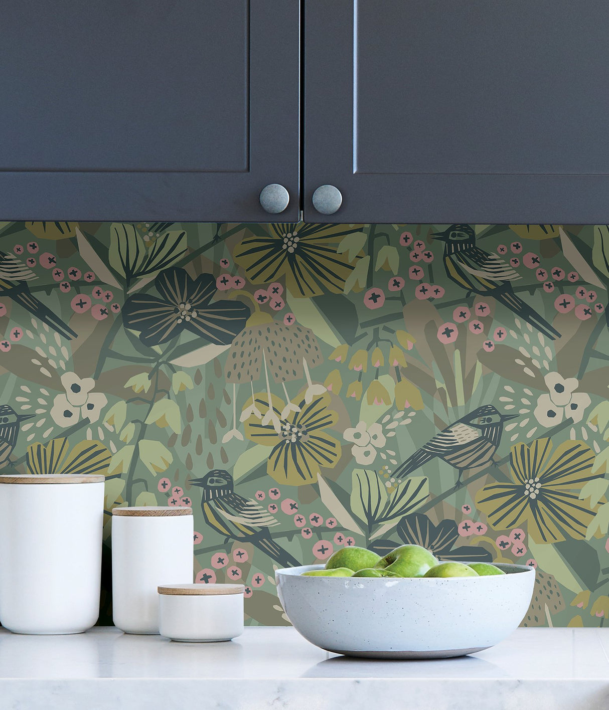 Jaybird Sage Peel & Stick Wallpaper with Floral Bird Pattern - Brewster PLS4217