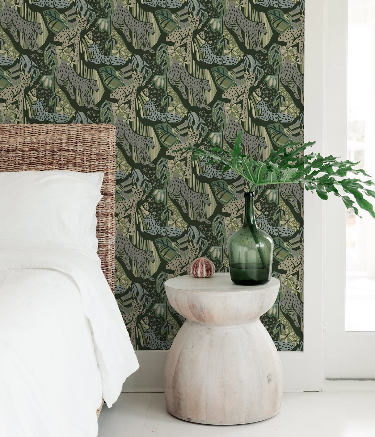 Cat Nap Greens Peel & Stick Wallpaper with Illustrative Cheetah Motif - Brewster PLS4219