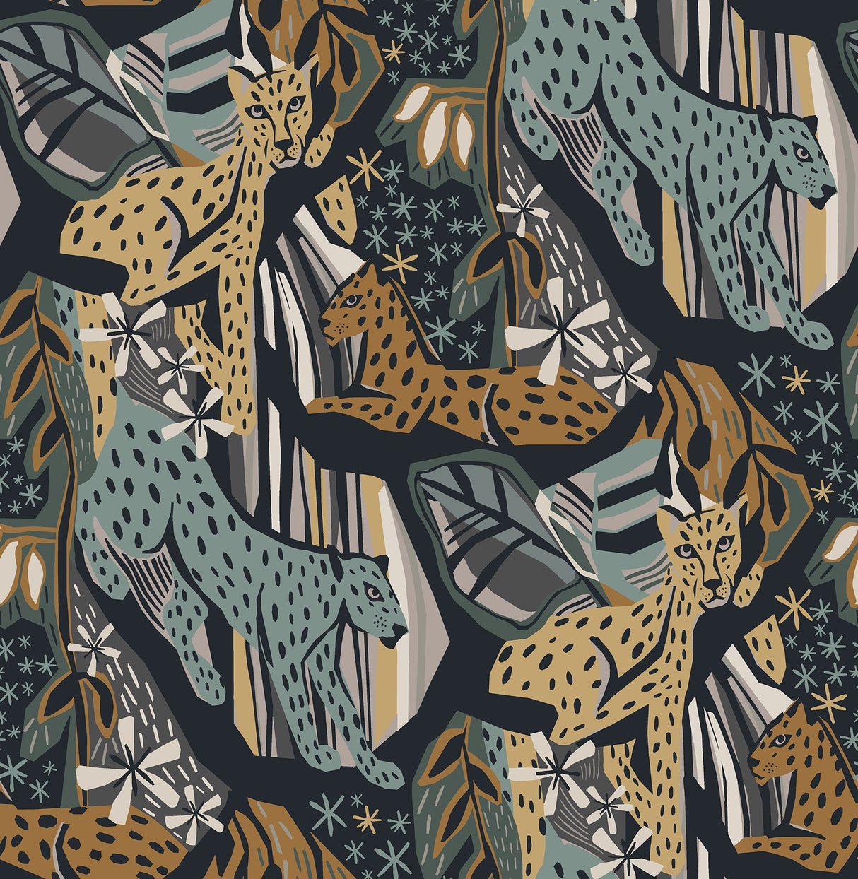 Cat Nap Navy Gold Peel & Stick Wallpaper with Illustrative Cheetah Motif - Brewster PLS4221