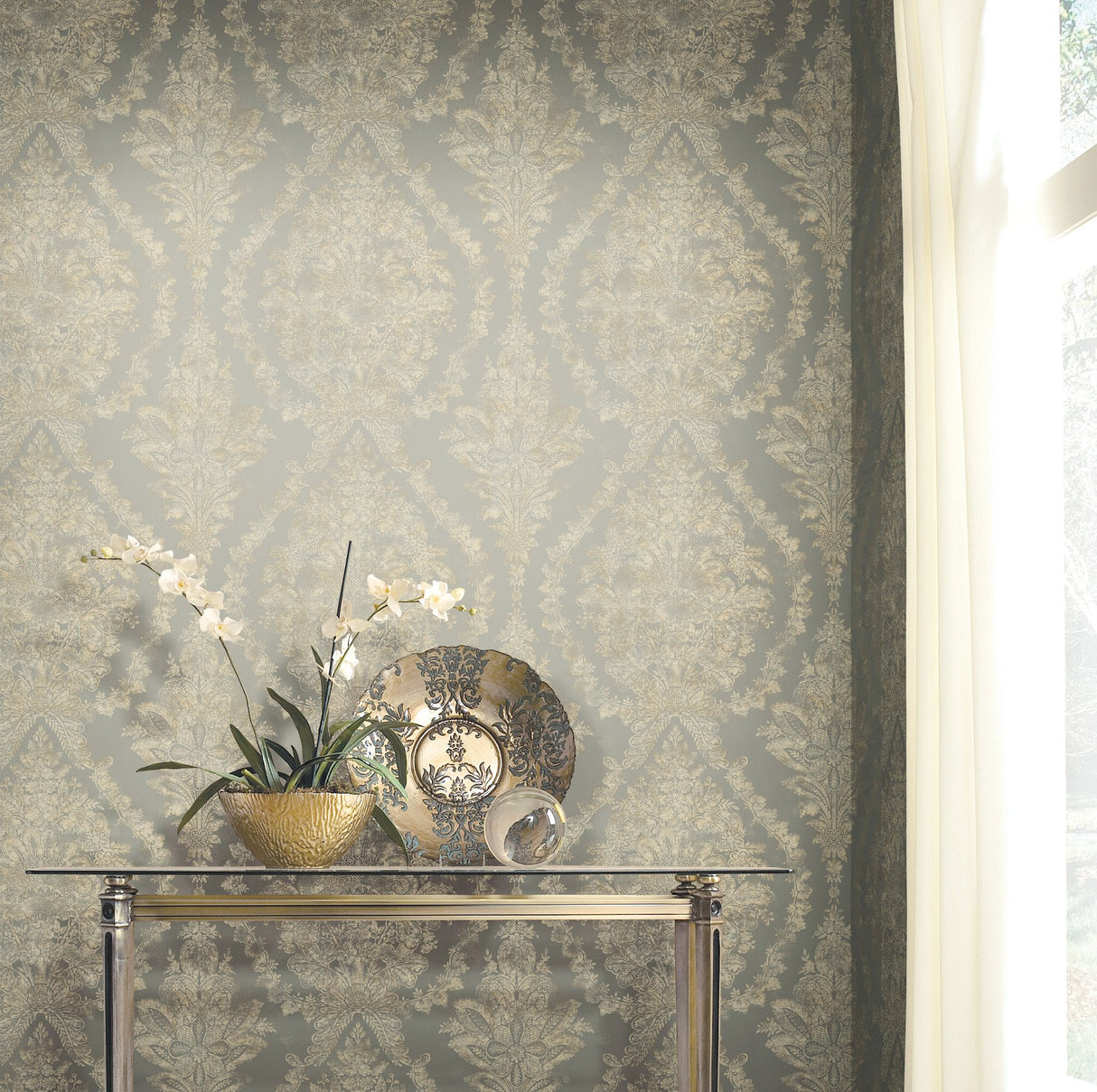 Charleston Damask Silver Wallpaper with Classic Acanthus Medallion Pattern - York PM9309