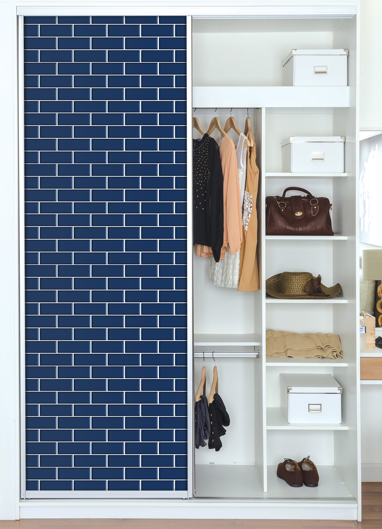 Nod To Navy Navy by InHome Bold Navy Blue Subway Tile Peel and Stick Wallpaper, 20.5 Inches Wide x 18 Feet Long, WallPops Collection PPS4765