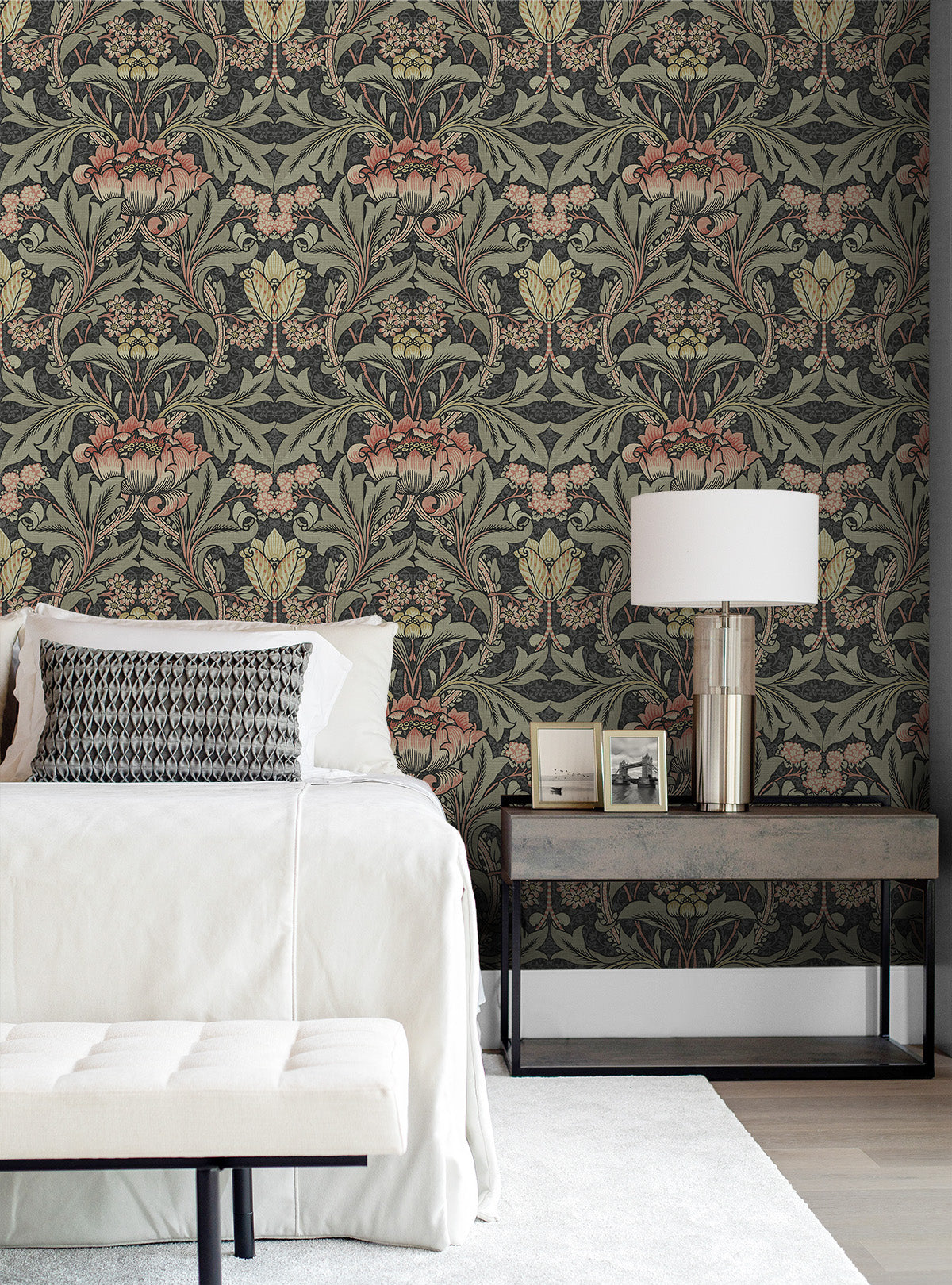 Acanthus Floral Charcoal & Rosewood by Prepasted Online Vintage Floral Wallpaper – Seabrook Designs PR10001