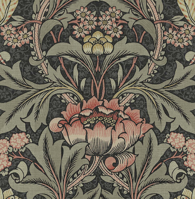 Acanthus Floral wallpaper in Charcoal & Rosewood (detail)