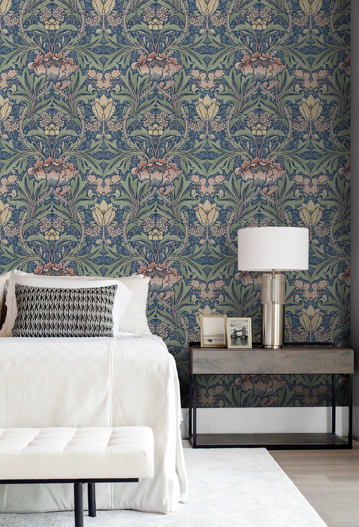 Acanthus Floral Denim Blue & Salmon by Prepasted Online Matte Vintage Floral Wallpaper – Seabrook Designs PR10002