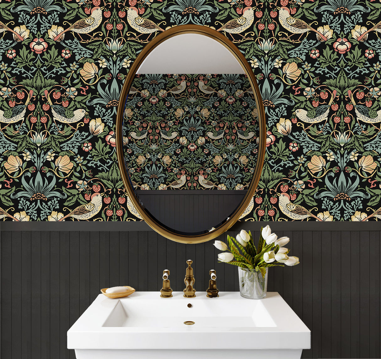 Fragaria Garden Ebony by Prepasted Online Vintage Bird & Strawberry Prepasted Wallpaper – Seabrook Designs PR10100