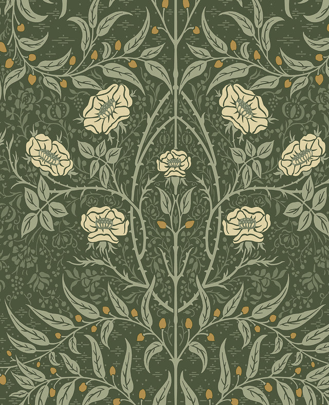 Vintage stenciled floral wallpaper in evergreen green with cream flowers and soft gold accents, matte finish.