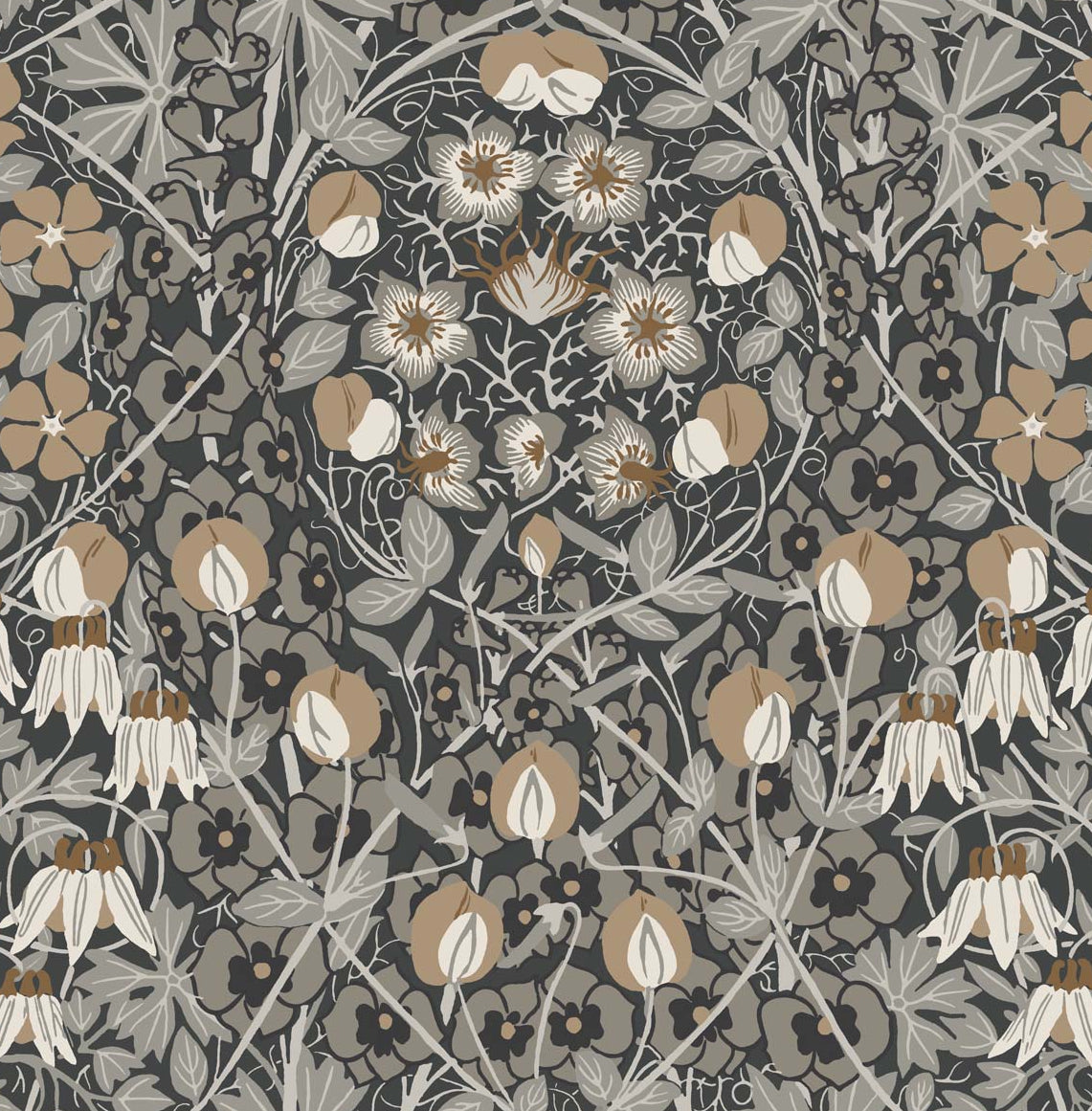 Tulip Garden floral wallpaper in Wrought Iron and Chamois colorway (matte finish)