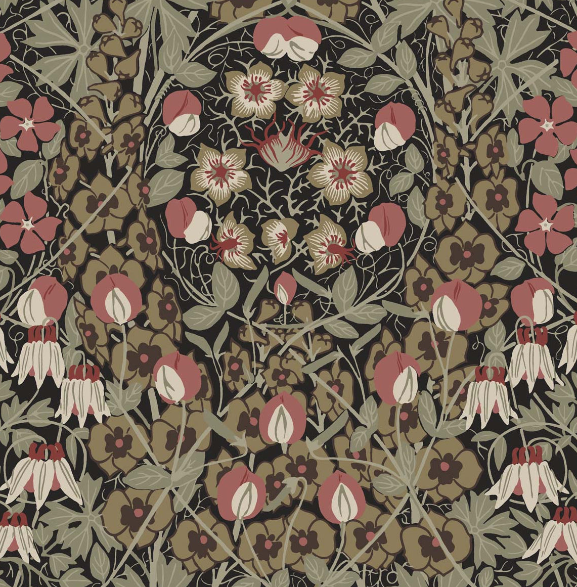 Tulip Garden vintage floral wallpaper in ebony and red clay with tulip blossoms and vines