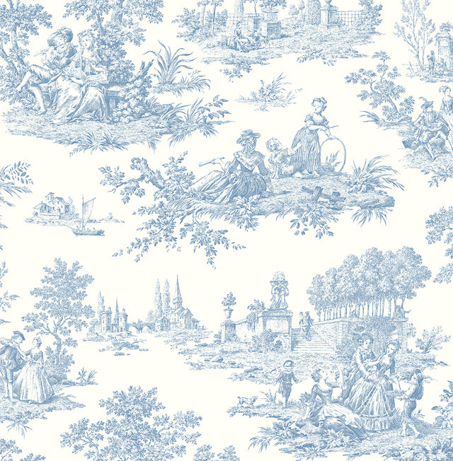 Blue and white traditional toile wallpaper with pastoral figures and landscape scenes, matte finish.