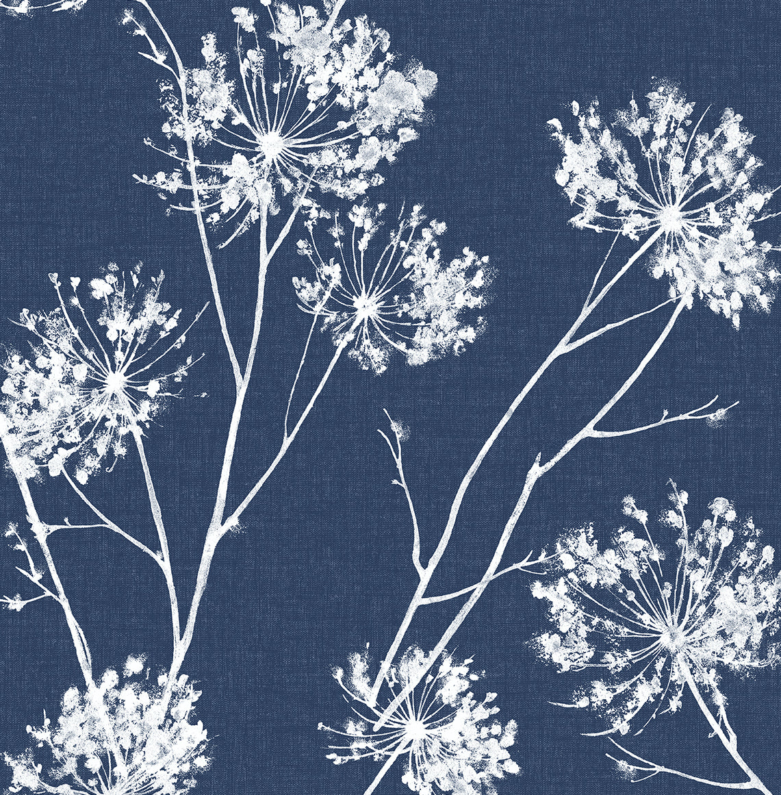 One O'Clock botanical wallpaper in denim blue with white floral silhouettes