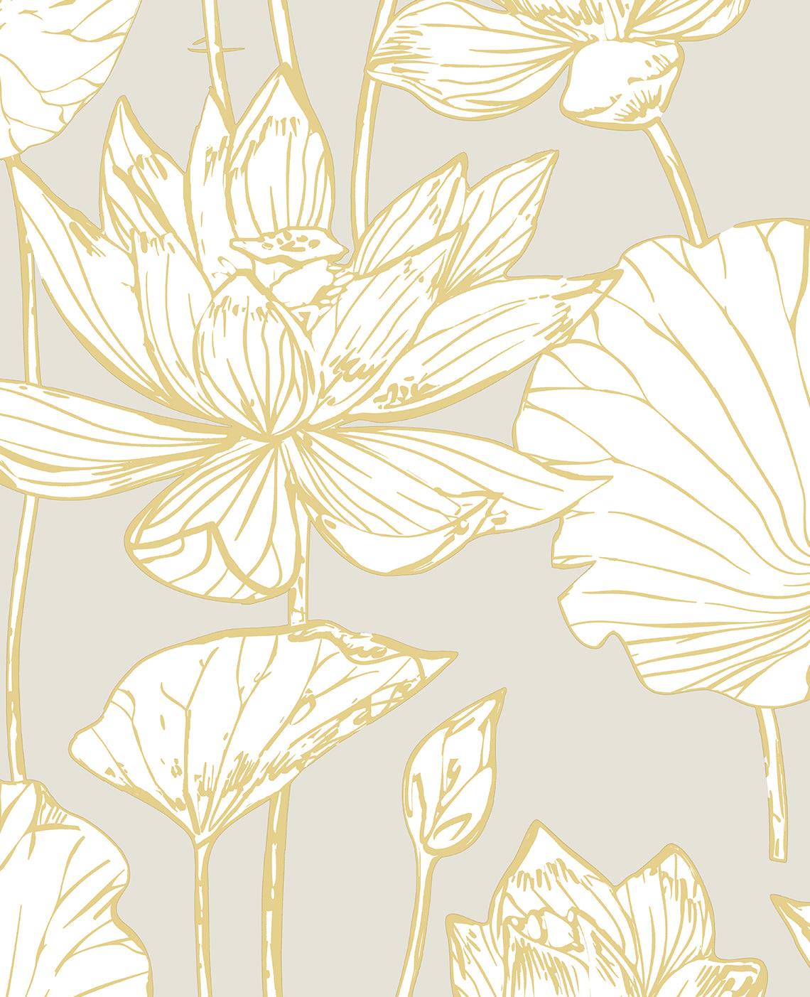 Lotus Floral grey and gold metallic prepasted wallpaper with large lotus blooms