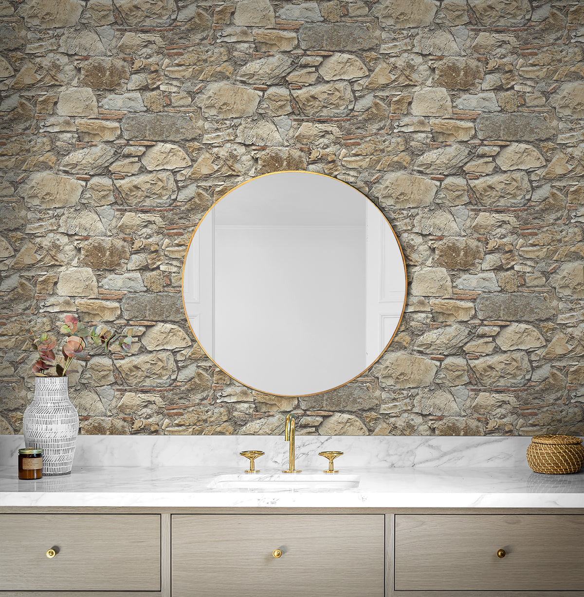 Faux Stone Wall Toffee & Ivory by Prepasted Online Prepasted Faux Stone Wallpaper – Seabrook Designs PR12006