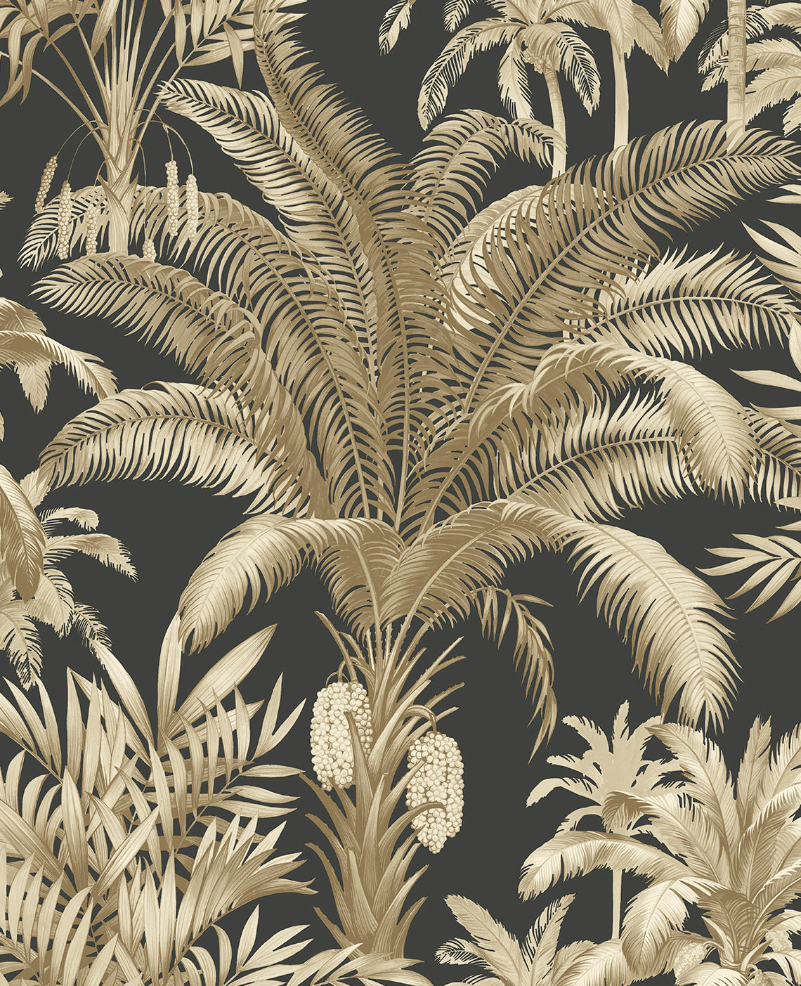 Taupe and beige palm frond botanical wallpaper on a dark background