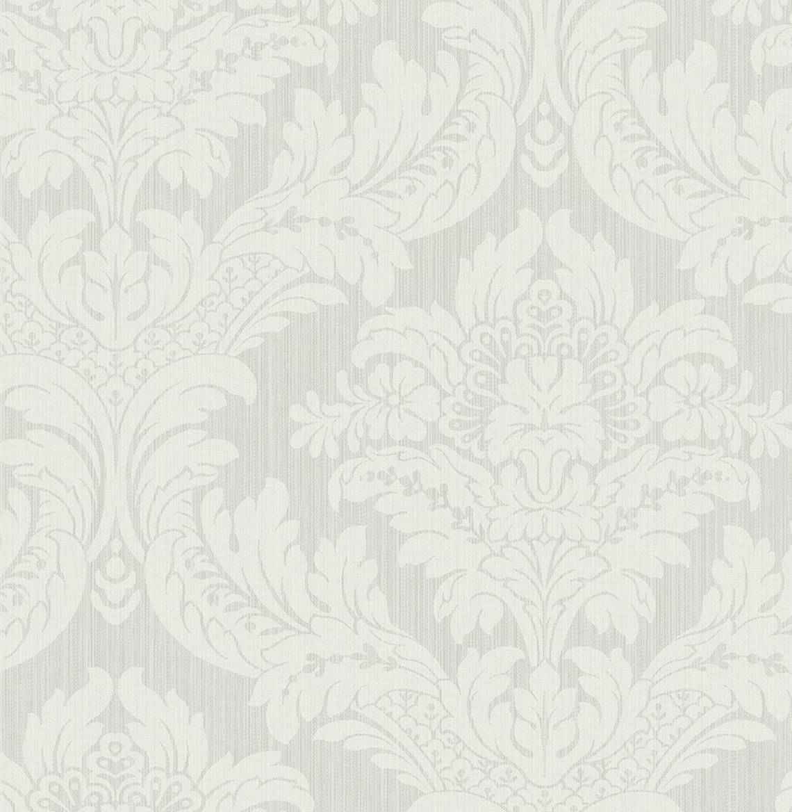 Genevieve Damask wallpaper in Morning Mist (grey damask pattern), prepasted matte finish by Seabrook Designs.
