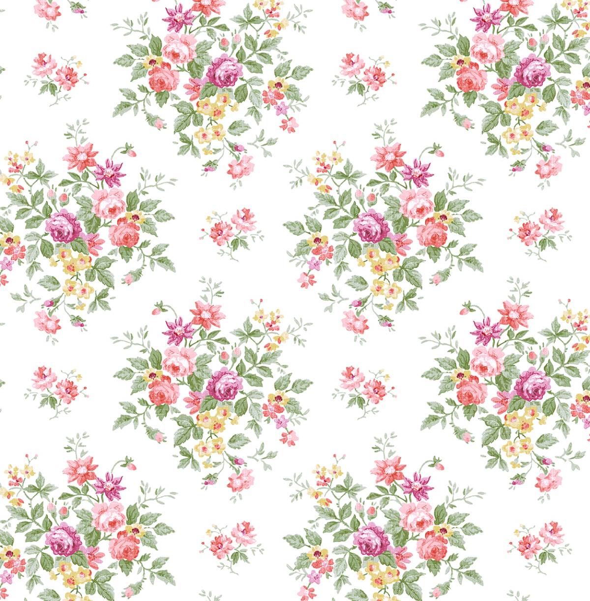 Floral Bouquet wallpaper in Watermelon & Buttercup featuring scattered watercolor floral bouquets in pink, yellow and green on a white ground.