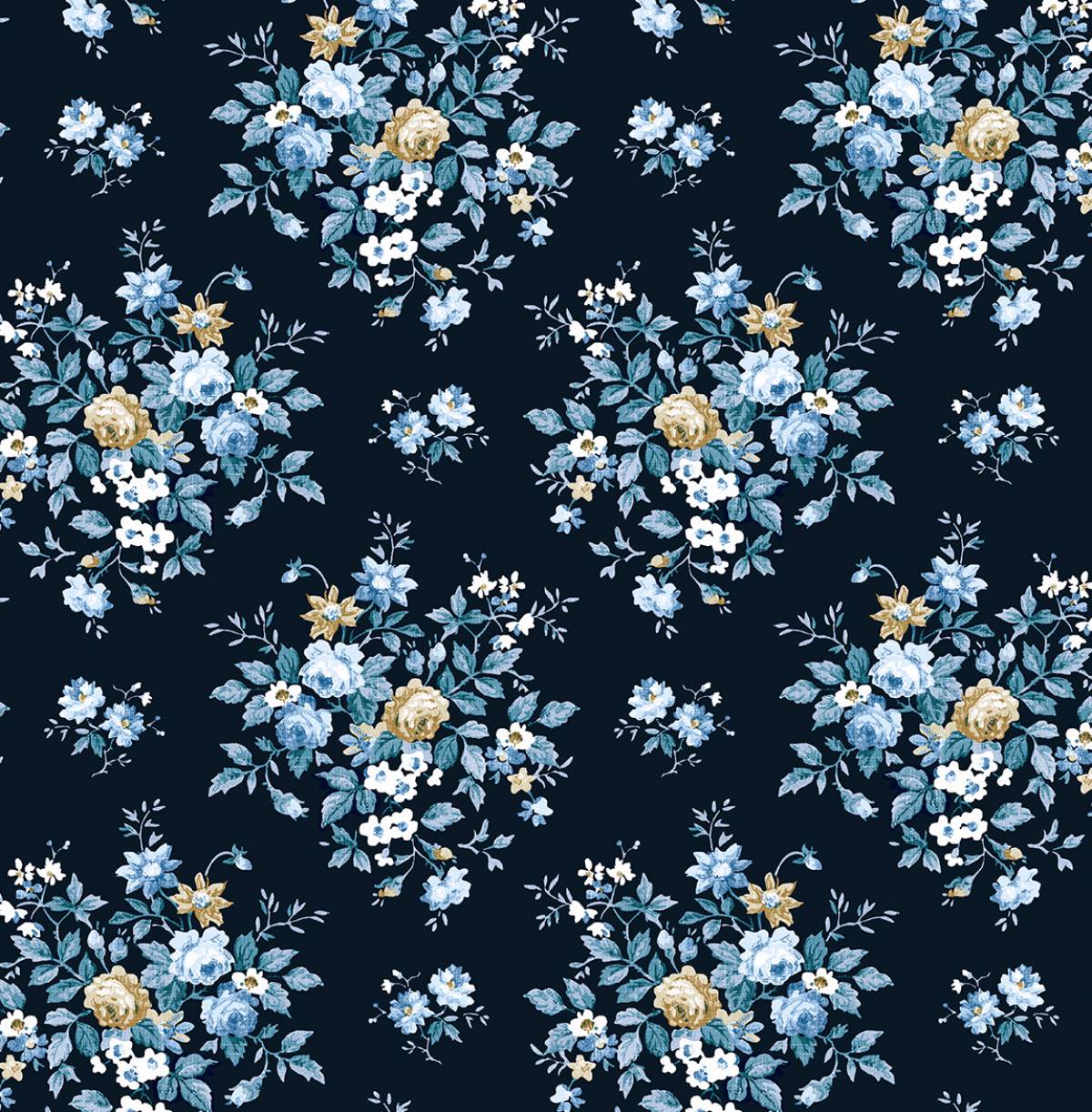 Floral Bouquet wallpaper in Midnight Blue & Toffee with scattered floral bouquets