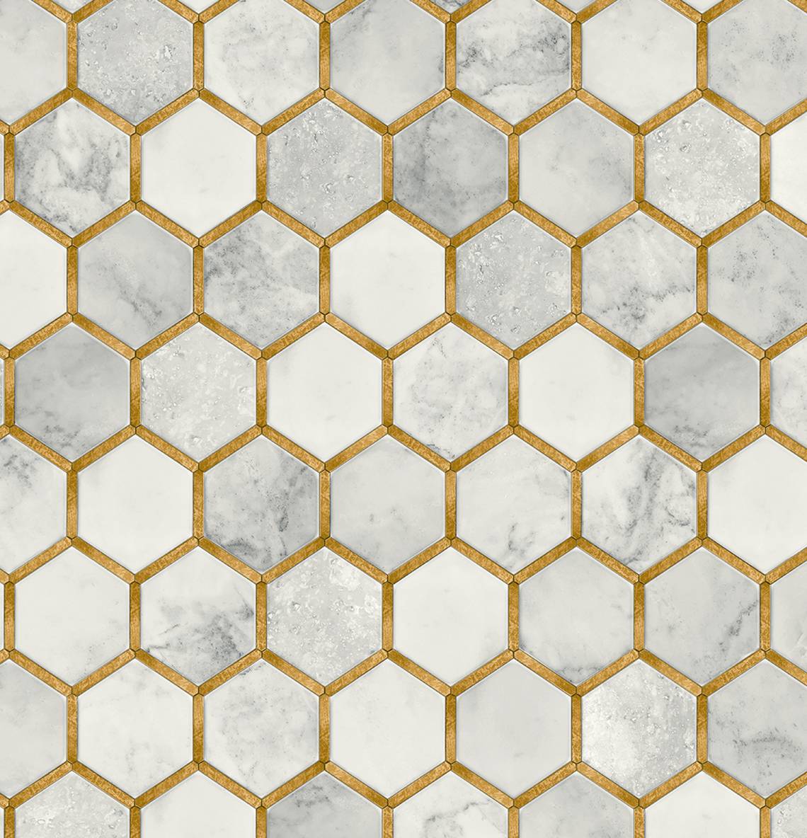 Faux hex tile wallpaper pattern in Alaska grey with metallic gold grout lines